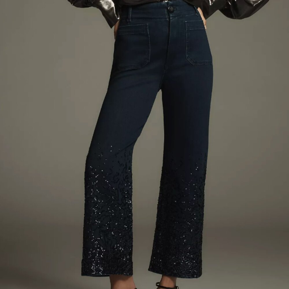 Anthropologie Maeve The Colette Sequin Crop Wide-Leg Jeans Size 26, like new